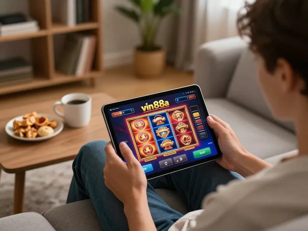 Player engaging in online gaming on vin88a app with tablet, snacks beside in cozy room setting.