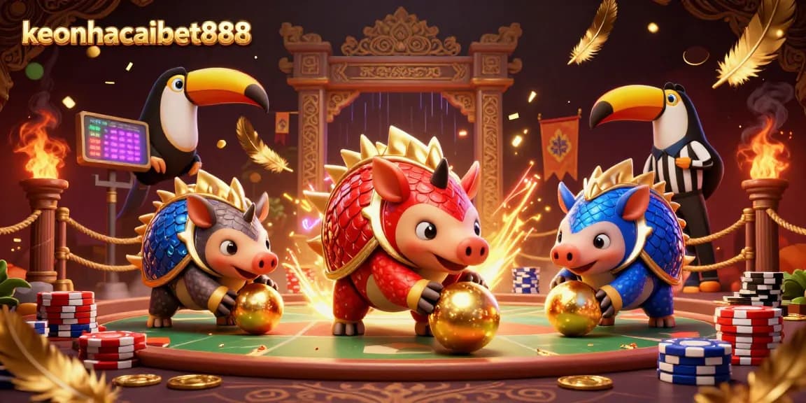 Experience gaming excitement with keonhacaibet888 as pangolins roll golden balls amidst poker chips.