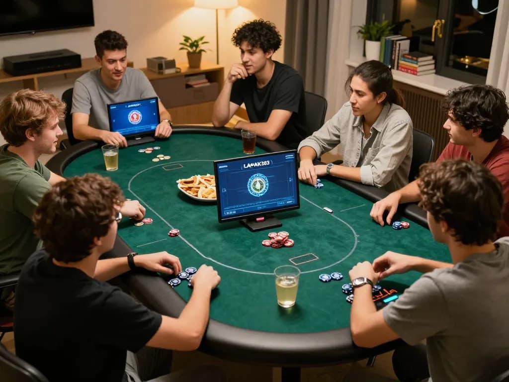 LAPAK303 online poker game scene with friends enjoying a strategic and fun gaming session in a cozy home setting