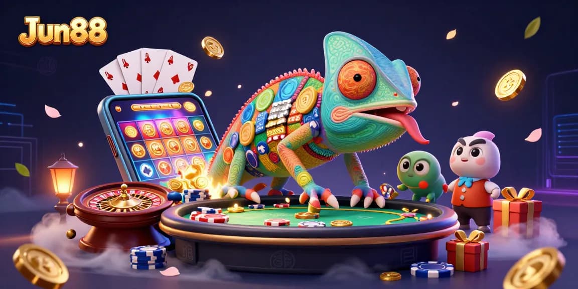 Experience thrilling casino action at Jun88 with a dynamic illustration of a chameleon casino owner and exciting gaming elements.