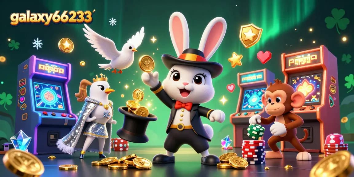 Experience the thrills of galaxy66233 as a magician rabbit conjures golden coins in a vibrant casino scene.