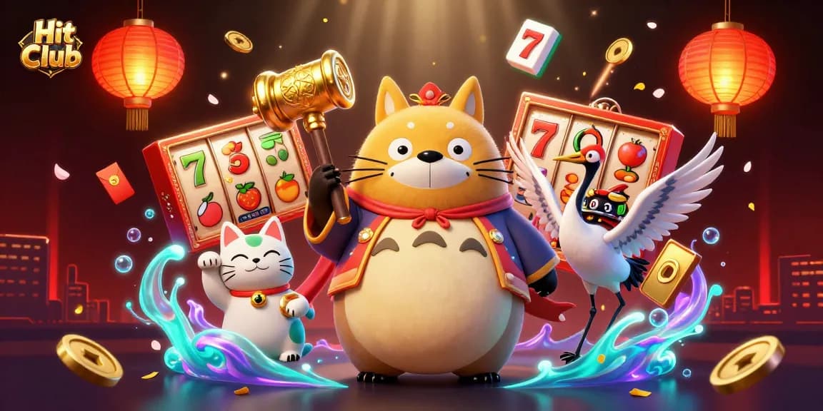 Engage in thrilling gaming adventures at Hit Club with vibrant slot reels and festive characters.