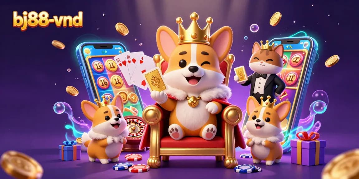 Experience thrilling gameplay with bj88-vnd as corgis reign over a vibrant casino world filled with riches.