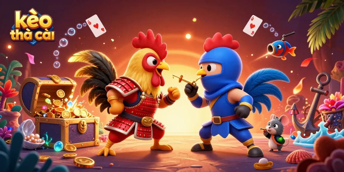 Engage in a spirited contest with kèo nhà cái between samurai and ninja roosters in a dynamic gambling scene.