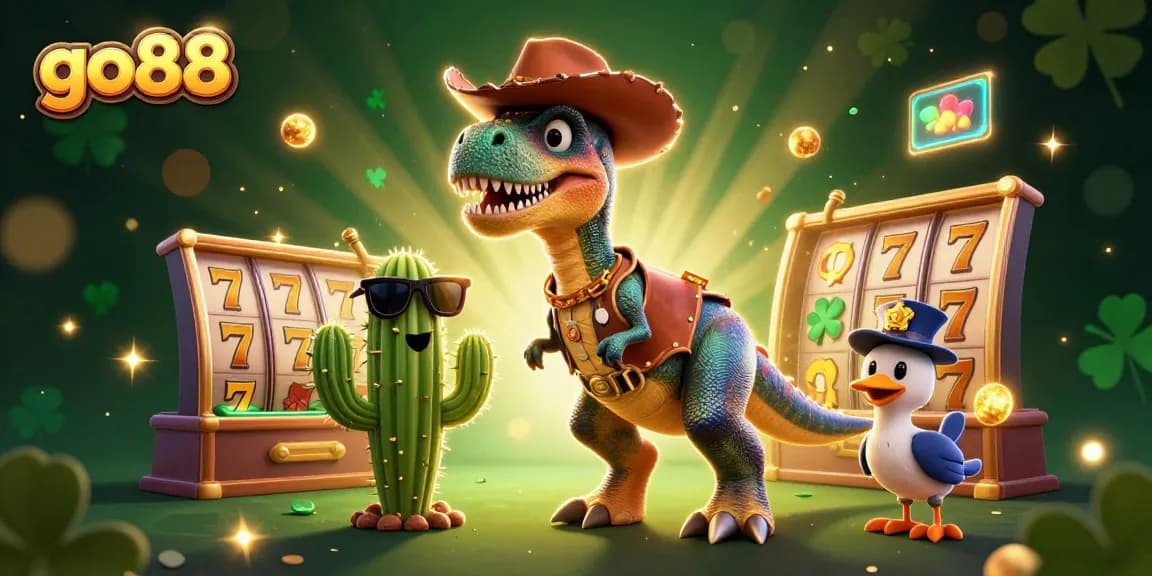 Win big with go88 as the cartoon dinosaur and friends celebrate in a vibrant casino scene.