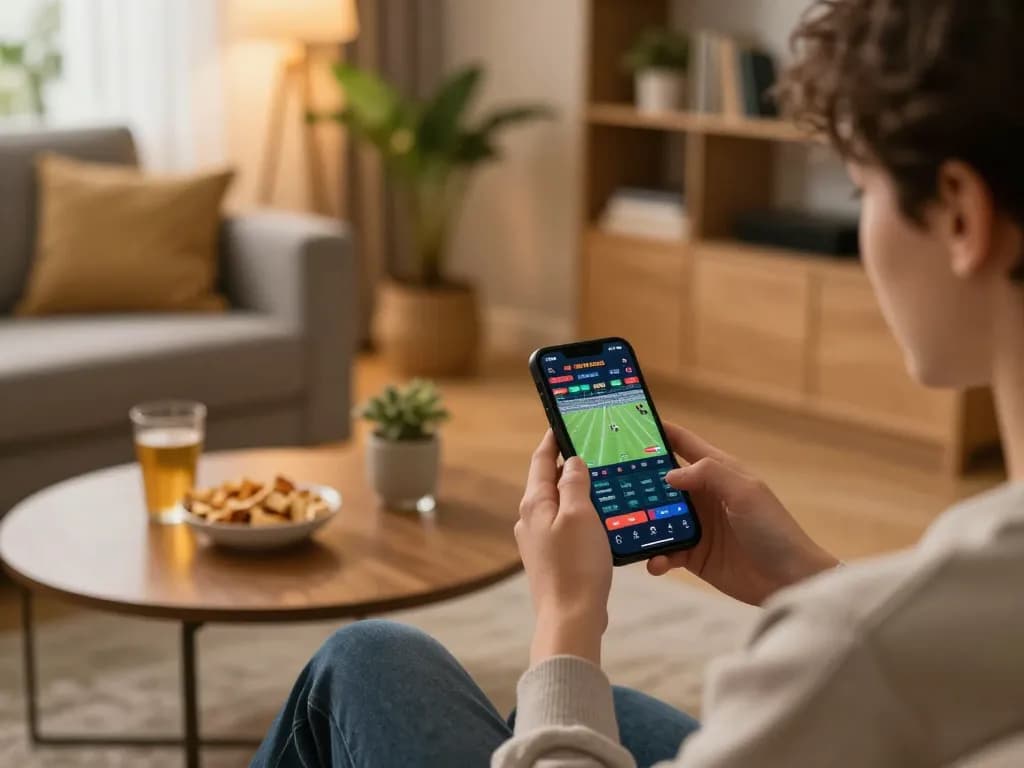 Person focused on ku win sports betting app in cozy home setting, showcasing intense gameplay.