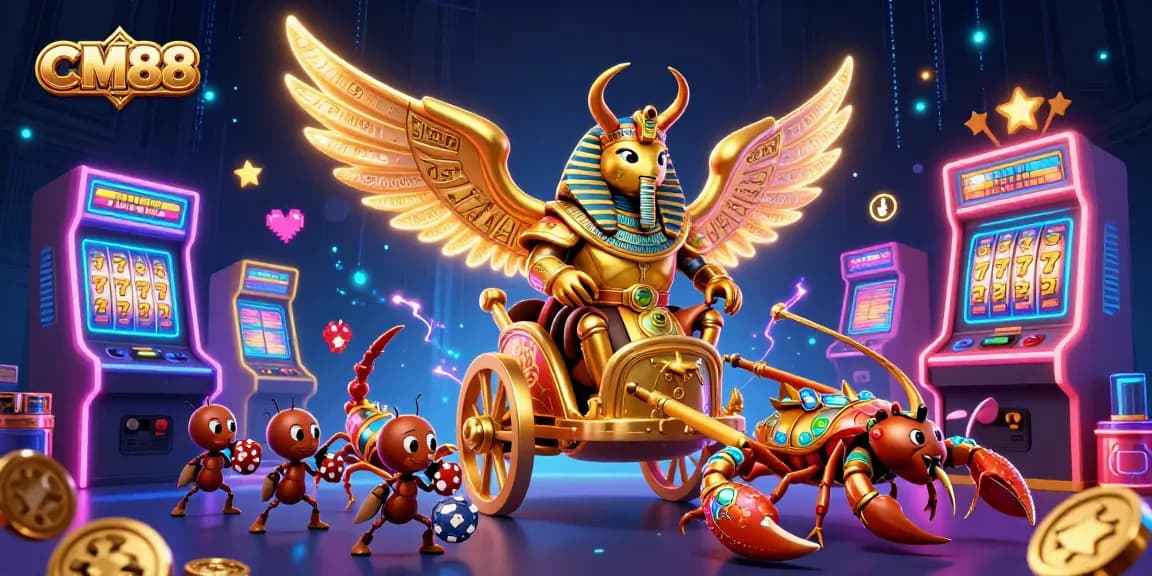 Experience thrilling gaming at CM88 with 3D cartoon characters in a vibrant casino scene filled with dazzling elements.