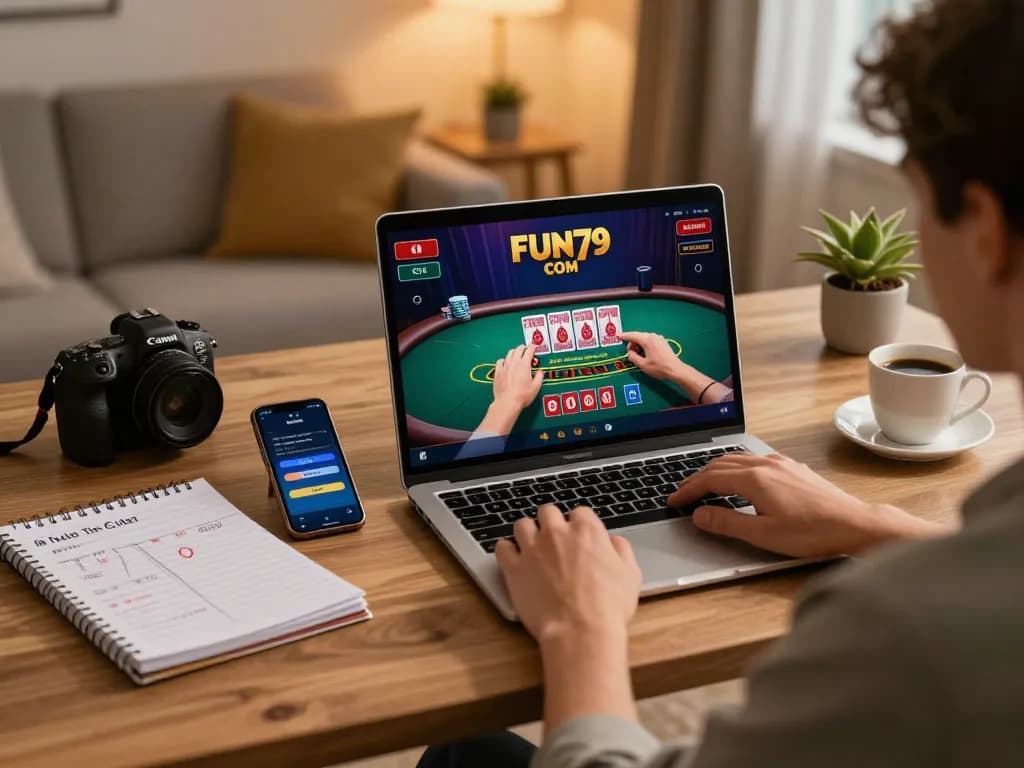 Engaged player strategizing with FUN79 COM on laptop while enjoying a cozy gaming experience at home.