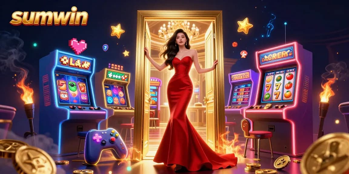 Engage with sumwin in a vibrant VIP casino setting with dynamic slot elements and a stunning Asian model.