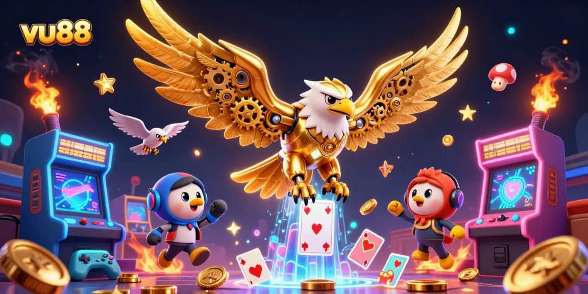 Engage with the thrilling gameplay at vu88, featuring a cybernetic golden eagle in a vibrant casino scene.