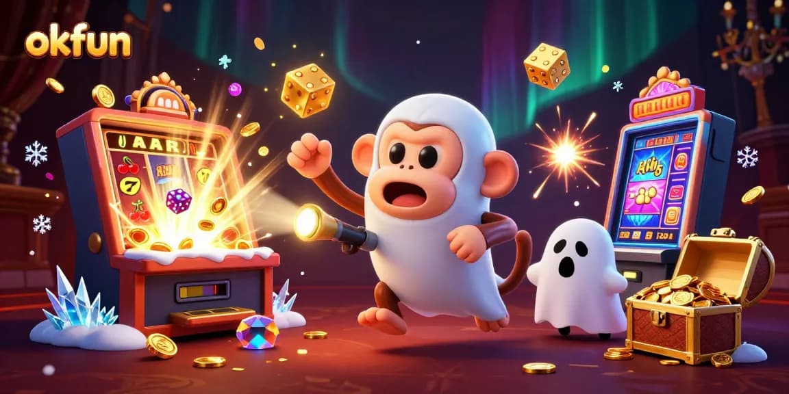 Engage with okfun's thrilling gaming experience, as a mischievous monkey juggles casino treasures in a haunted setting.