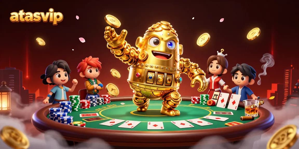 Experience thrilling gameplay at atasvip with an ancient golden golem surrounded by poker elements in a vibrant scene.
