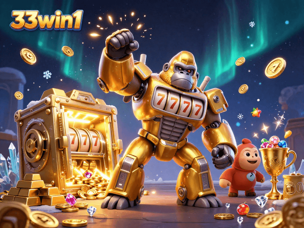 Win big with 33win1! Enjoy a dynamic 3D illustration of casino excitement and jackpots.