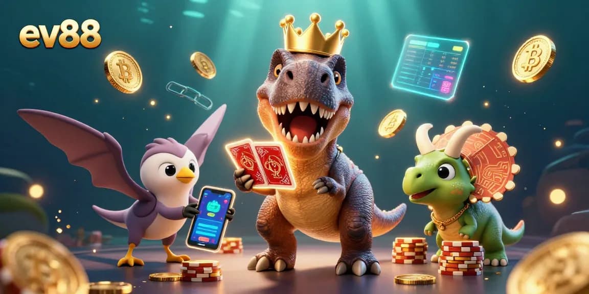 Join the excitement at ev88 with a T-Rex shuffling cards, a pterodactyl assistant, and a triceratops stacking chips.