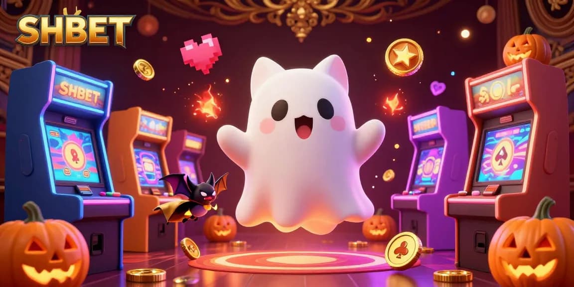 Experience the thrill of SHBET with a friendly ghost cat and vibrant arcade elements in this lively casino scene.