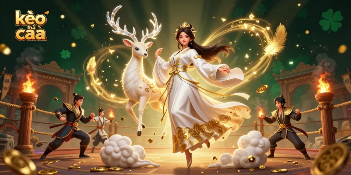 Bet on kèo nhà cái with engaging 3D illustration of Asian woman and cosmic deer amidst casino elements.