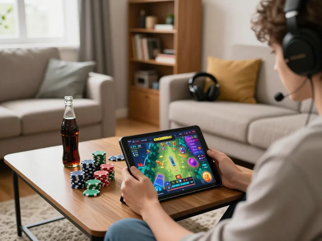 Engaging online gaming moment with lode88vi interface displayed on tablet, cozy living room setting with poker chips.