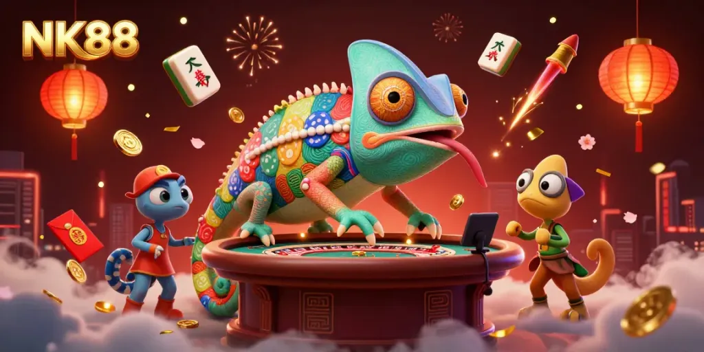 Experience vibrant gameplay at NK88 with a colorful chameleon dealer surrounded by festive casino elements.