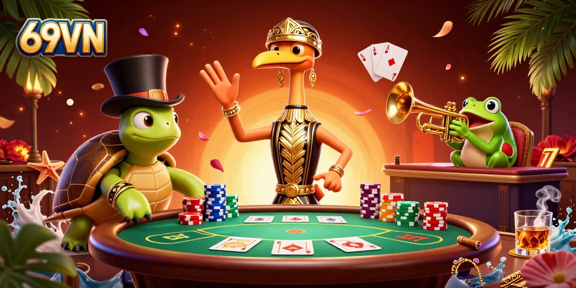 Experience the vibrant world of 69VN with a lively illustration of gambling action featuring poker elements.