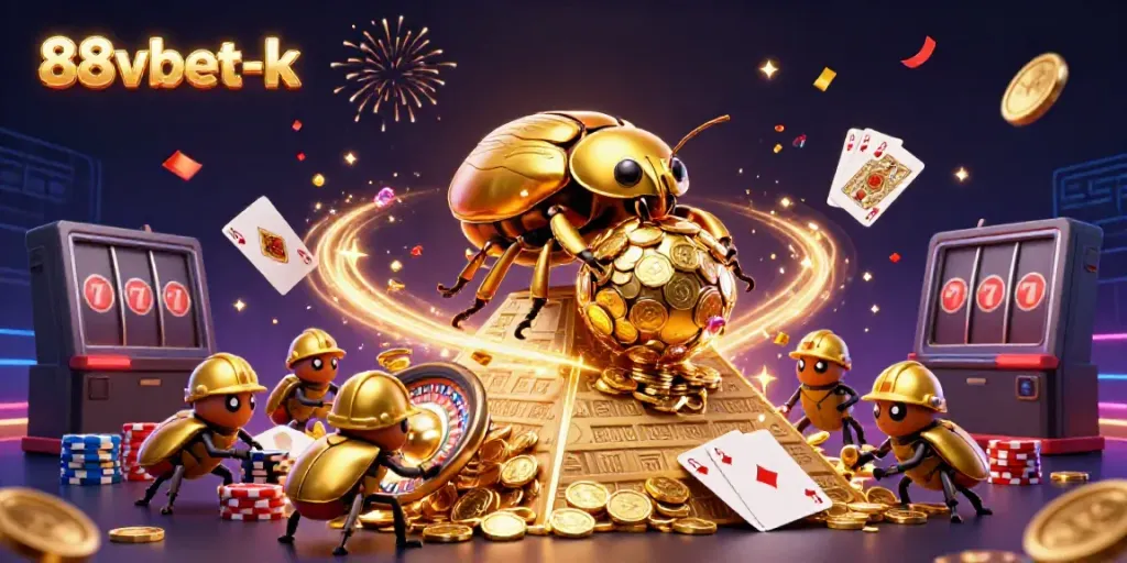Join the fun at 88vbet-k as golden beetles celebrate casino wins with vibrant action!