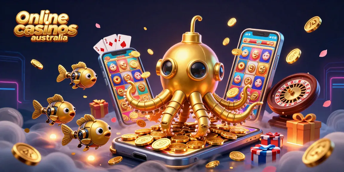 Experience the excitement of online casinos Australia with a stunning 3D cartoon kraken submarine illustration bursting with vibrant casino elements.