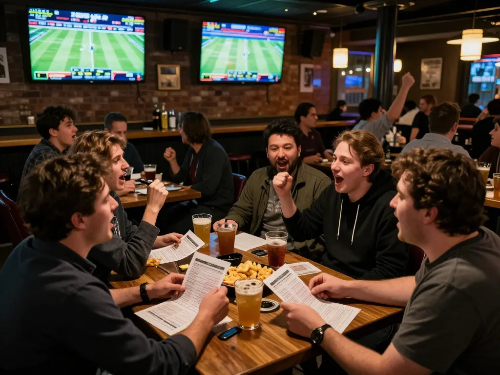 A group actively discussing their strategies for betting on ae888a live sports events in a vibrant bar