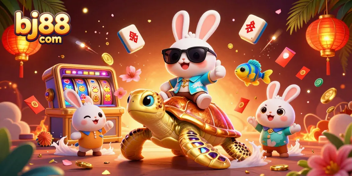Engage with bj88 com for dazzling casino fun featuring a lucky rabbit on a turtle amidst vibrant slot reels.