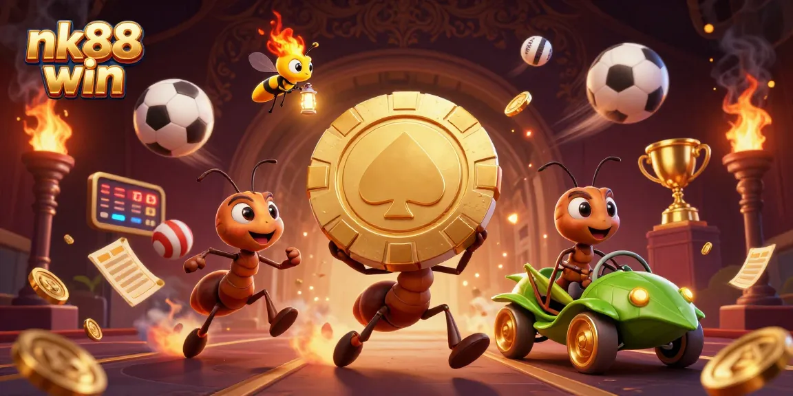 Experience thrilling action with nk88 win as cartoon ants and a grasshopper driver pursue riches in a vibrant casino-themed heist.