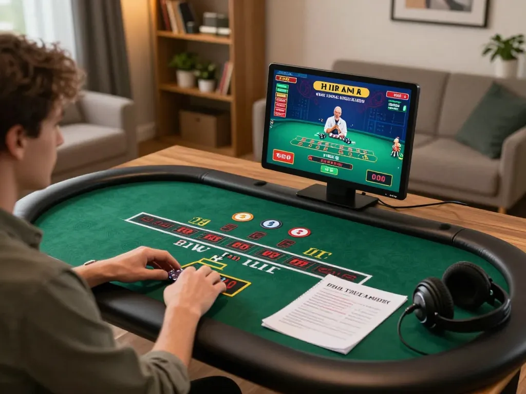 Engaging in online blackjack gameplay at home with debet platform on tablet, showcasing responsible gambling environment.