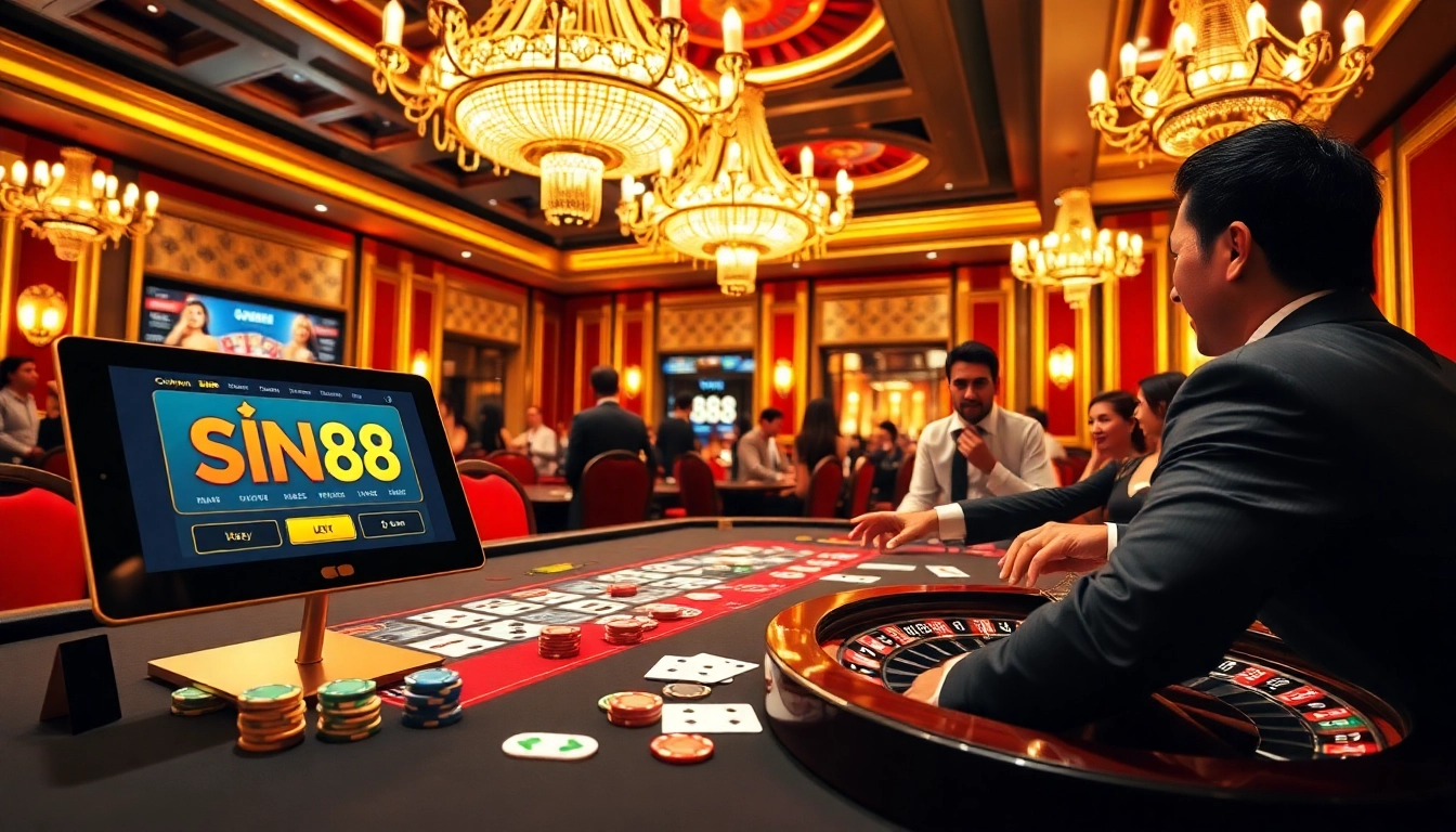 Players enjoying a thrilling moment at SIN88 casino table with vibrant poker chips and cards.