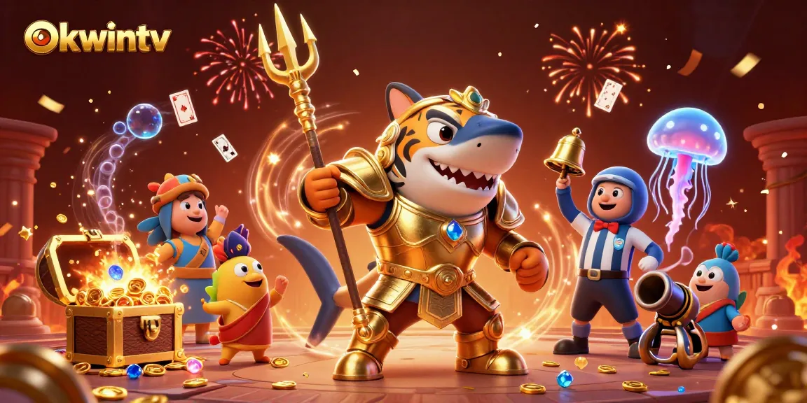 Engage with okwintv's thrilling underwater casino scene featuring a tiger shark and sparkling treasures.
