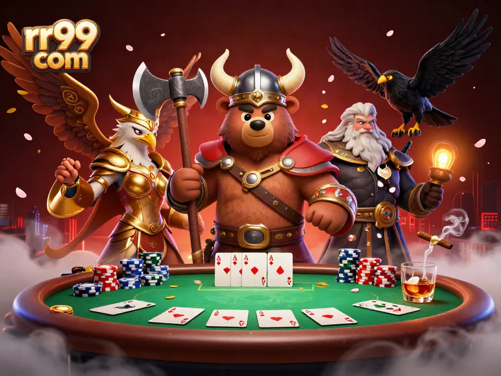 Engage in thrilling poker action with rr99 com's interactive characters and vibrant game elements.