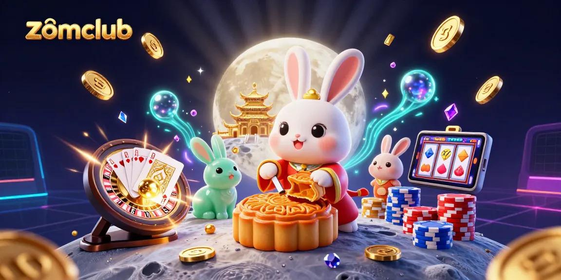 Experience thrilling gaming at zomclub with moon rabbit and poker chips in a vibrant 3D casino scene.