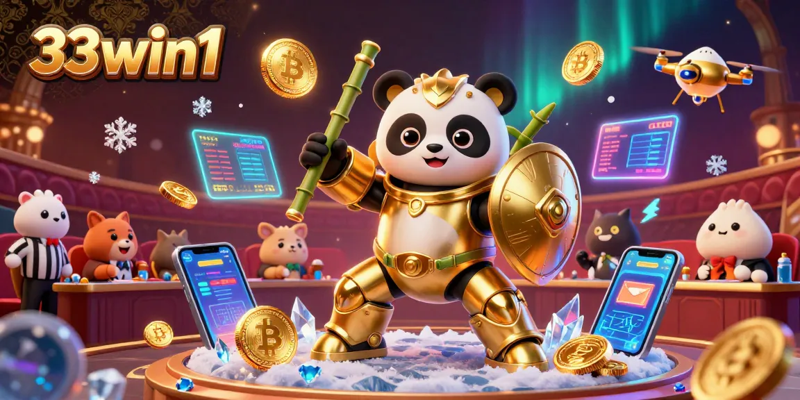 Engaging scene of 33win1 casino with animated panda in a mech suit showcasing crypto elements.