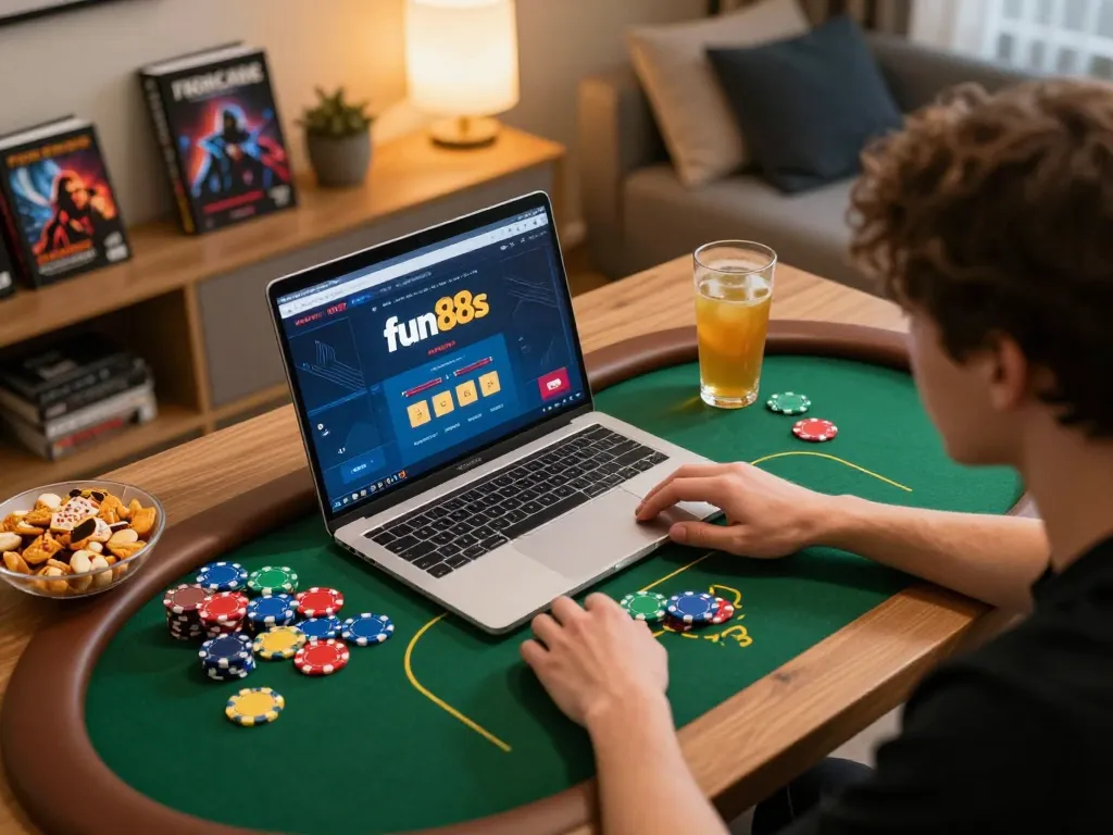 Engaging session on fun88s poker platform with colorful chips and snacks at home.