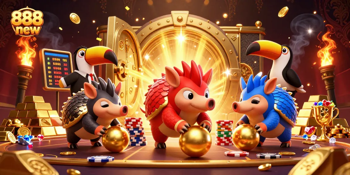 Bowling pangolins in 888 new casino scene, surrounded by treasures and poker chips.