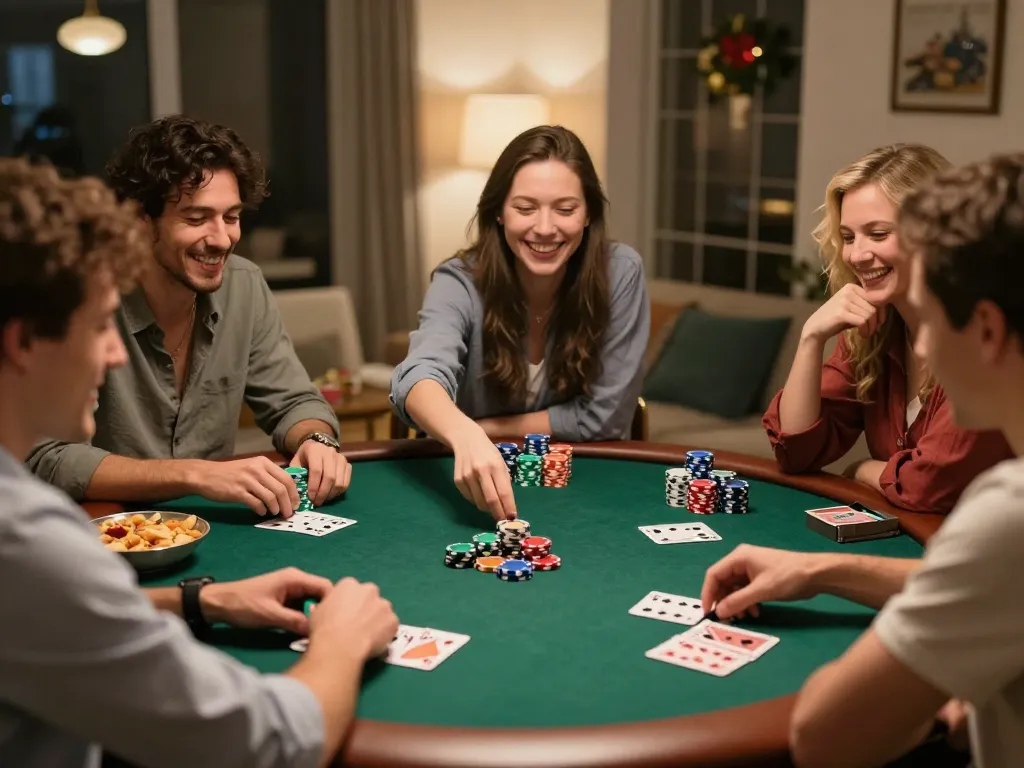 Players enjoying a poker game at home, highlighting tactics and social interaction, rr88 gaming atmosphere.
