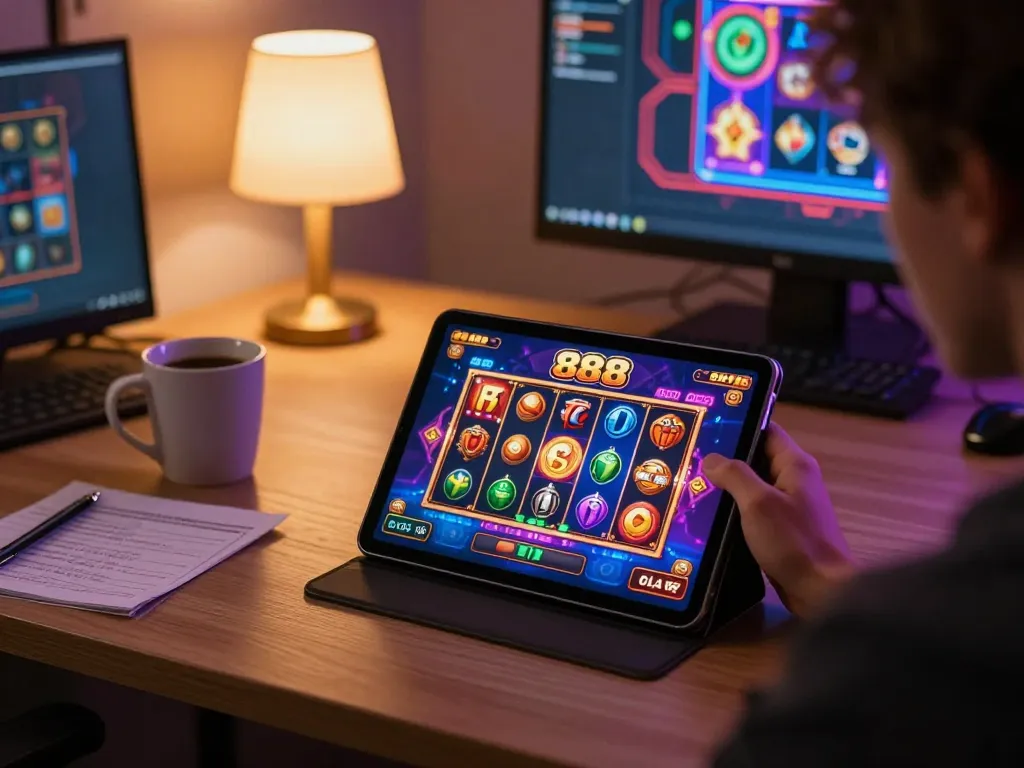 Engaging in the 888slot game at home with tablet and betting notes.