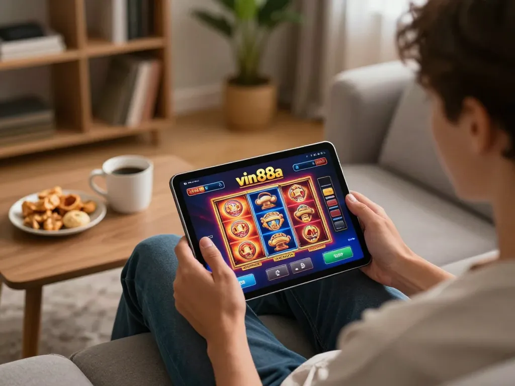 Player engaging in online gaming on vin88a app with tablet, snacks beside in cozy room setting.