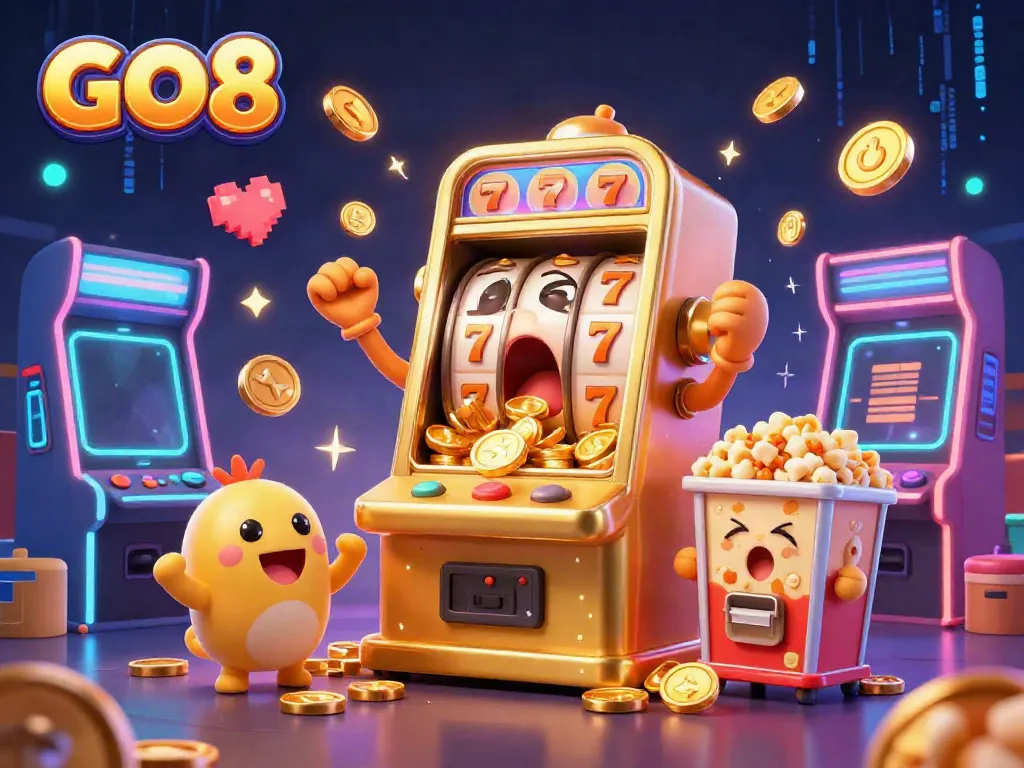 GO8 slot machine hits the jackpot, showering coins while cheering baby machines celebrate.