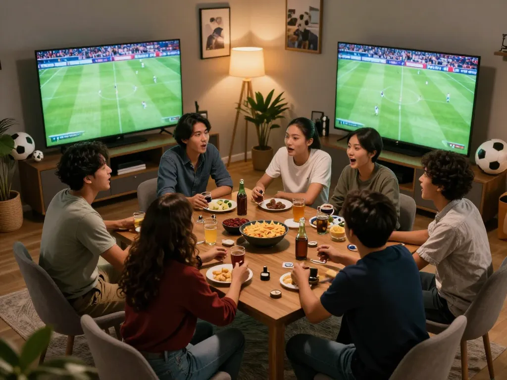Xem truc tiep bong da with friends at home, enjoying football match on large screen in a lively atmosphere.