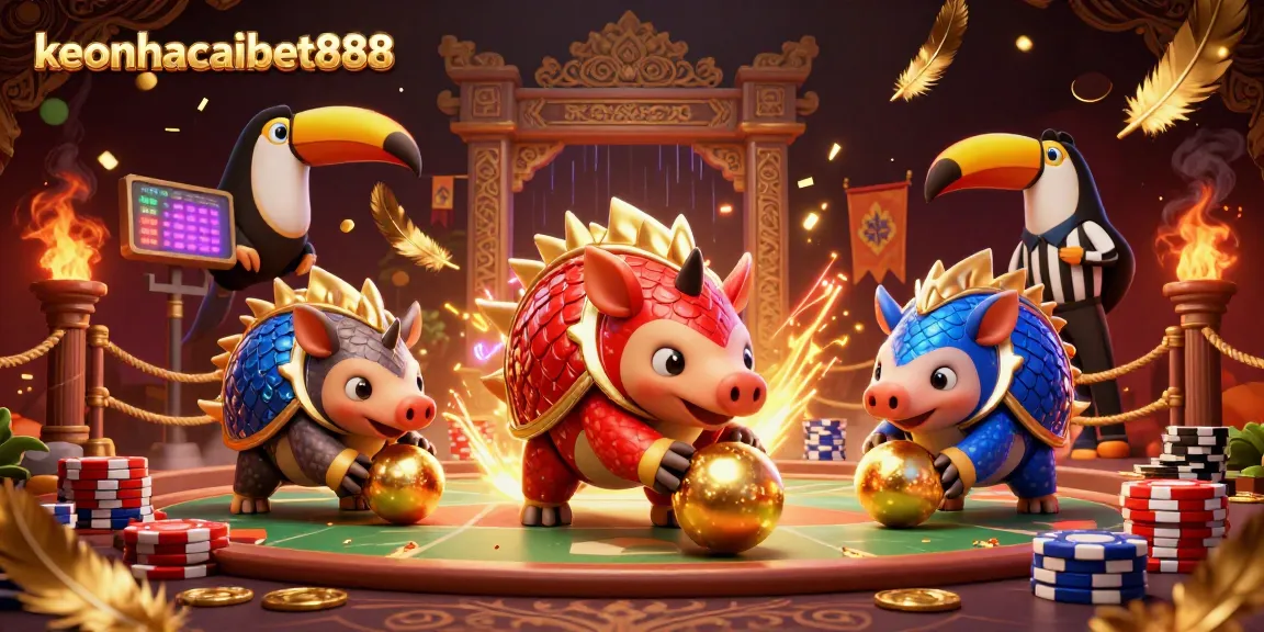 Experience gaming excitement with keonhacaibet888 as pangolins roll golden balls amidst poker chips.
