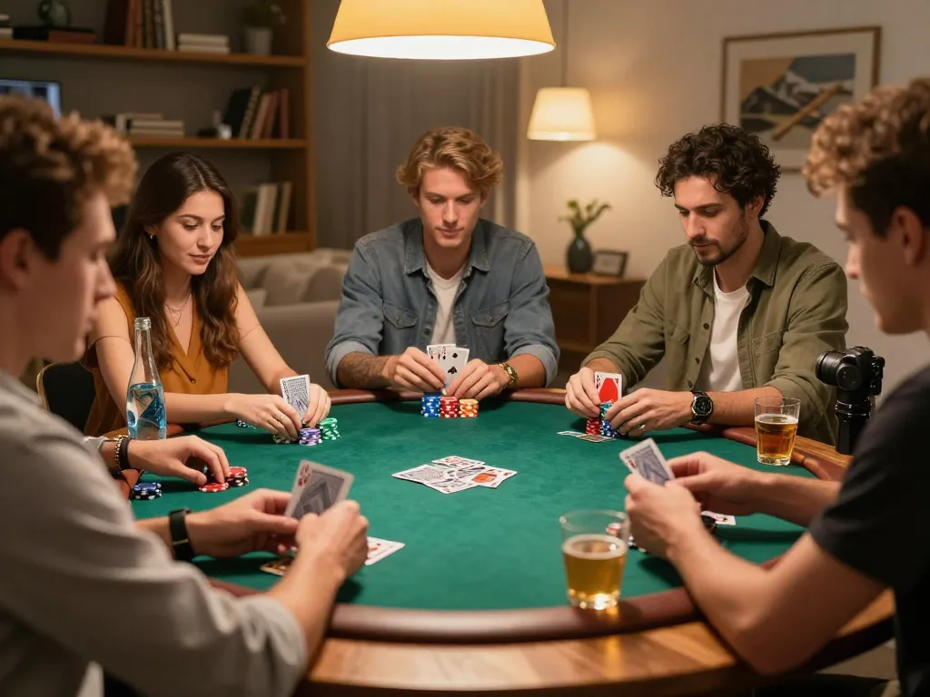 11bet players strategizing with poker chips at a luxurious home game night.