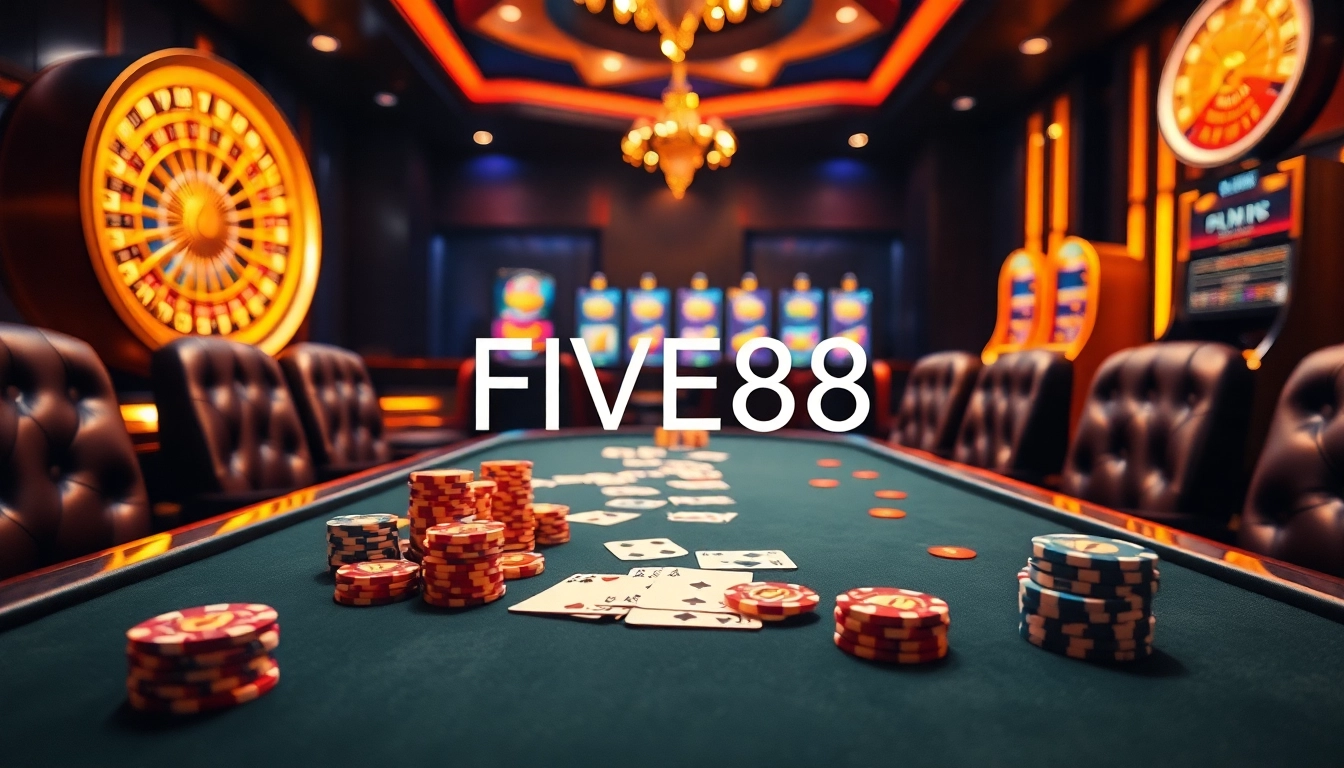 Experience the excitement of FIVE88 with a vibrant casino scene featuring poker tables and slot machines.