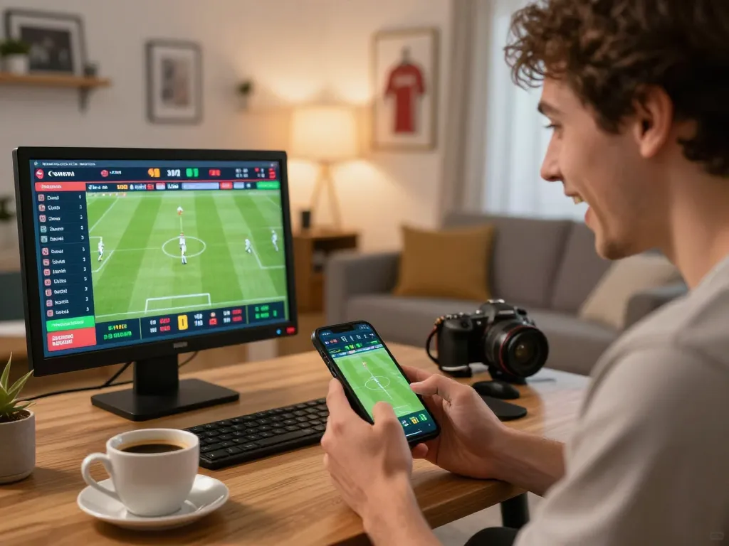 Player engaging with lu88vip sports betting app, surrounded by game day excitement in a cozy living room
