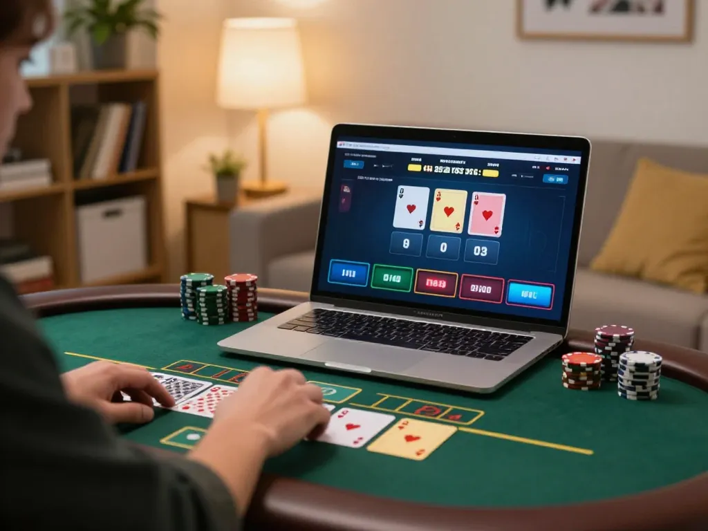 cm88 player enjoying live blackjack at home with laptop, showcasing strategic betting moments