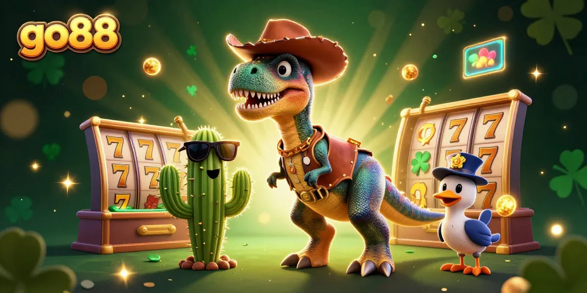 Win big with go88 as the cartoon dinosaur and friends celebrate in a vibrant casino scene.