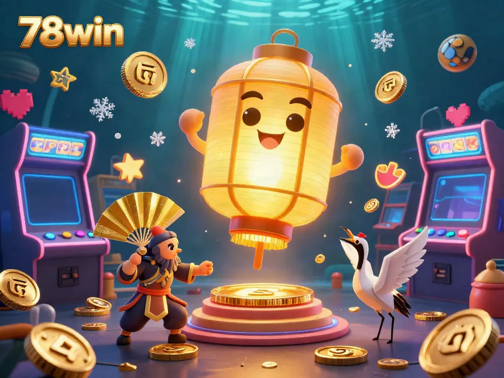 Experience the thrill of 78win casino with golden lantern spirits, arcade machines, and vibrant game elements.