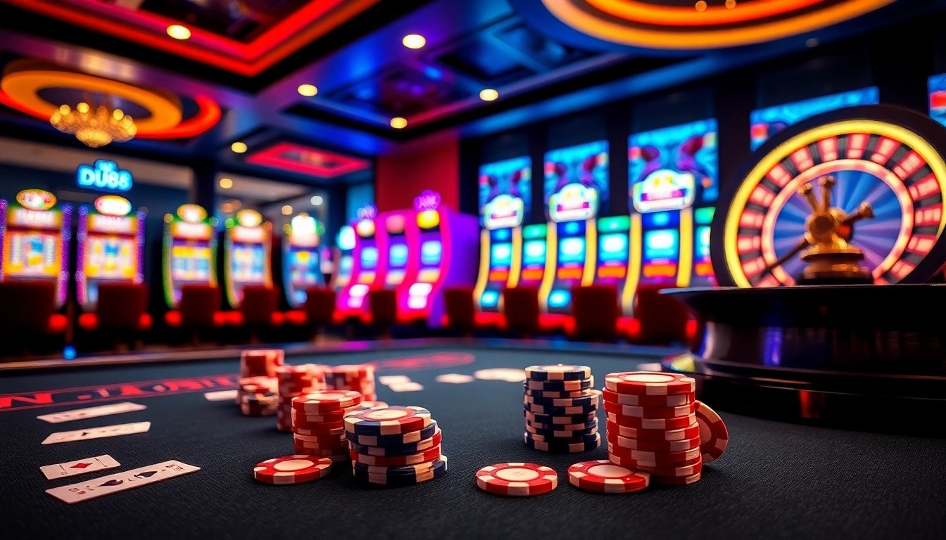 Experience the thrill of online gambling at DU88, featuring vibrant poker chips and casino tables.
