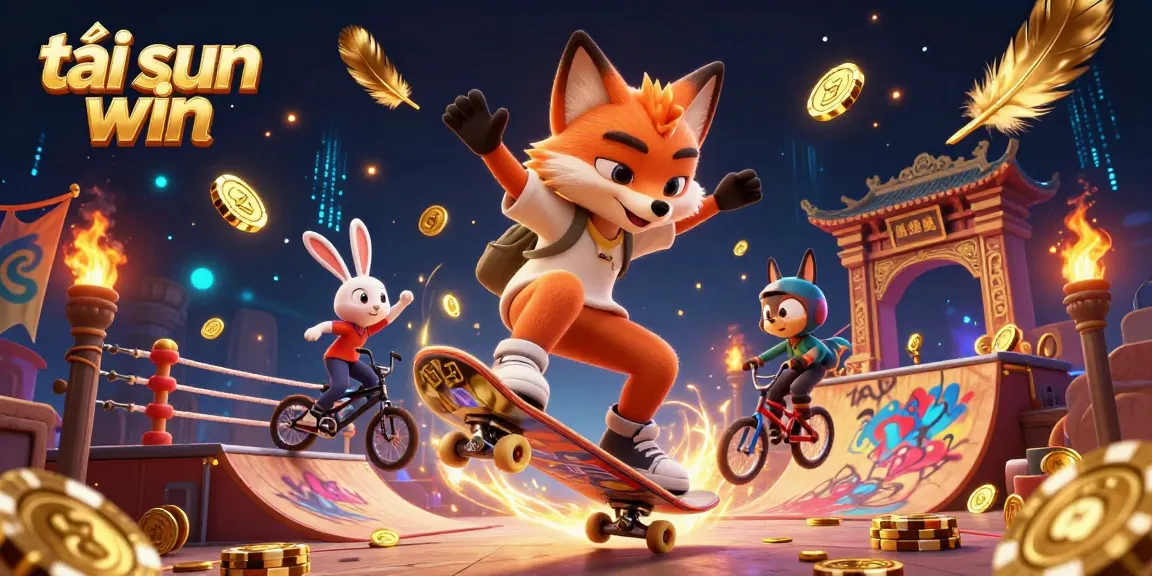 Experience excitement with tải sun win showcasing a dynamic scene of a skateboarder fox and BMX rabbit amid casino symbols.